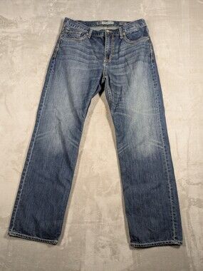 BKE Tyler Straight Jeans Mens 34R Blue Whiskered Stretch Denim Buckle